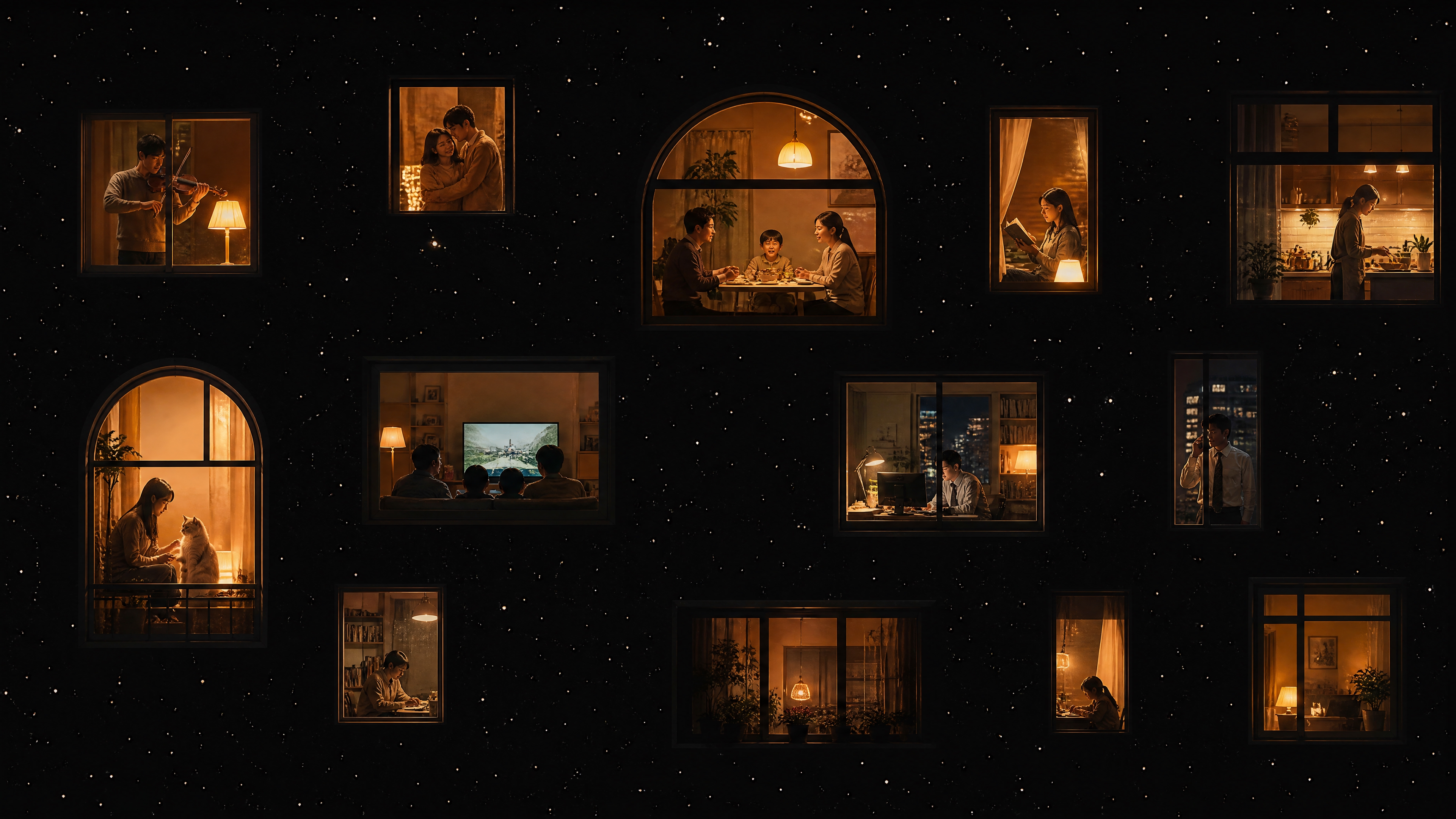 横版构图，夜晚城市公寓楼外立面，黑色星空背景布满白色星点，多扇… - 图片创意预览