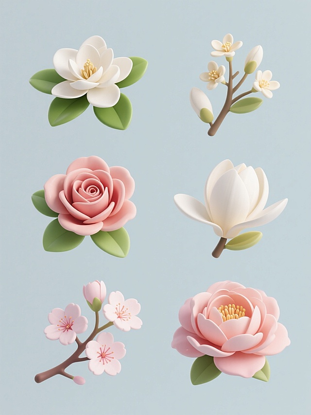 六张规整排布的素材，每张素材均为单一花朵造型图案的规整排布，花朵包含栀子花、桂花、玫瑰花、白玉兰、樱花、芍药基本元素内容，整体造型简约现代，采用纯色背景，软3D风格，花朵细节丰富，花瓣层次分明，花蕊清晰，叶片颜色鲜亮，边缘光滑，整体画面干净整洁，视觉效果舒适。