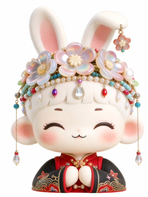 参考图中保持IP角色形象一致，兔女孩盲盒形象，中式国潮风格，半身像，纯白色背景，开心眯眼表情，动作幅度小，3D粘土风格预览效果