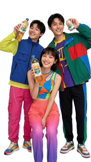 把三个人的衣服改成青春靓丽的时尚服装，颜色艳丽饱和度，预览效果