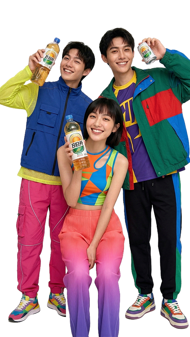 把三个人的衣服改成青春靓丽的时尚服装，颜色艳丽饱和度，