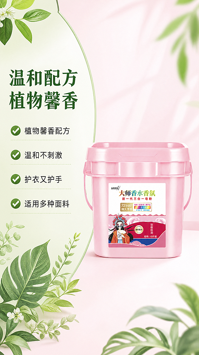 [第5屏] 核心成分温和配方说明，本屏使用图1产品放在画面右侧，保持外观颜色一致。
[氛围/风格] 天然健康风格，干净清新，植物元素点缀，商业科普质感。
[元素布局] 左侧为成分说明区域，右侧放置完整产品图。左侧分点展示核心特点：植物馨香配方，温和不刺激，护衣又护手，适用多种面料。搭配清新植物叶片插画作为装饰，元素分布疏密得当，不拥挤。
[光影质感] 整体光线柔和明亮，产品清晰突出，文字清晰，植物插画自然真实。
[配色色系] 全局底色：#FAF0F5（浅粉）；左侧文字区域使用浅绿渐变背景，搭配绿色植物装饰，产品保持原有粉色，文字使用深绿色和黑色。
[视角构图] 左文右图，平衡构图，左侧文字信息，右侧产品展示，阅读动线清晰。
[文字版式] 顶部大标题 "温和配方 植物馨香"，深绿色加粗。分点说明每个卖点，前面配绿色对勾图标，文字清晰易读，行距适中，手机端浏览舒适。
[比例分辨率] 9:16竖版比例，4K分辨率，文字清晰可辨，超高清。
[负向提示词] 产品变形，颜色偏差，文字模糊，虚假宣传，夸张表达，背景杂乱