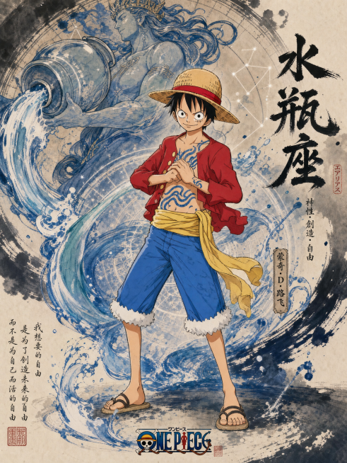 海贼王路飞结合水瓶座星座元素，表达水瓶座神性，海贼王原动漫绘画风格，融入水墨元素和日本动漫画风，画面画风统一，为系列作品中的一张预览效果