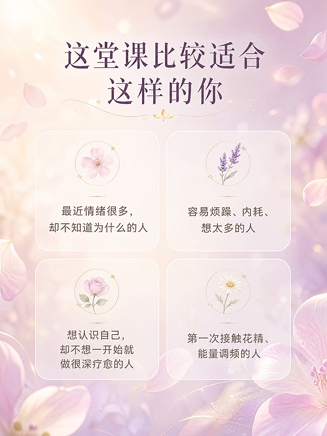 [商品] 非实物课程类，花精调频体验课；以花朵、自然元素作为核心视觉符号。
[画面] 适合人群页，目标是帮助用户快速判断自己是否适合这堂课。4张圆角信息卡片2x2网格布局，每张卡片配一个小花朵图标和一类人群描述。背景是柔和的花瓣散落+朦胧光晕，卡片半透明叠加在背景上，有层次感。画面中心或顶部有引导性标题。
[视觉] 套系策略：风格=温暖治愈系自然疗愈风；标题字=纤细优雅宋体/衬线体粗标题；正文字=简洁无衬线体；主色=柔粉紫+米杏色；背景延展=基于柔粉紫和米杏做渐变晕染、同色深浅层级、朦胧雾感质感；强调色=淡金色，仅用于小面积装饰线条、光点和图标点缀；标题色=深紫灰；正文色=暖灰棕；组件=圆角半透明信息卡、细金线装饰、柔和光晕；光影=柔和漫射光，左上暖光主光源，整体低对比度高柔化。
[文字] 顶部主标题"这堂课比较适合这样的你"，4张卡片分别写："最近情绪很多，却不知道为什么的人"、"容易烦躁、内耗、想太多的人"、"想认识自己，却不想一开始就做很深疗愈的人"、"第一次接触花精、能量调频的人"。卡片内文字全部横排，字号清晰可读。
[规格] 图片比例3:4竖版，分辨率4K，负向提示：避免冷蓝/冷灰主色、避免高饱和刺眼颜色、避免文字竖排、避免人物脸部、避免医疗元素、避免绝对化用语、避免卡片边框过重