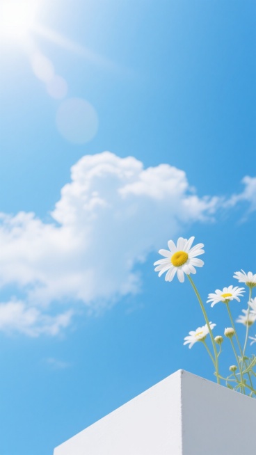 明亮通透的摄影风格，纯净的蔚蓝色天空占据画面大部分空间，点缀着形态自然、边缘柔和的白色积云，阳光从左上角洒落形成淡淡的光晕效果，画面底部有白色立方体结构，几朵白色小雏菊（中心黄色）从右下角伸出，花瓣舒展，花茎纤细，整体构图简洁清新，色彩明快，营造出宁静、治愈、充满春日气息的氛围，光线柔和且具有通透感，无文字和装饰元素。预览效果