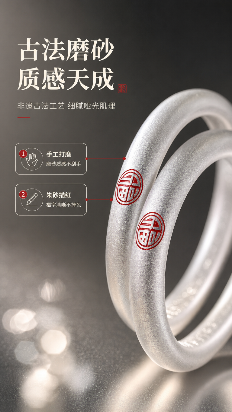 [商品] 使用【图1】古法描红福字足银手镯双只特写；保留闭口圆… - 图片创意预览
