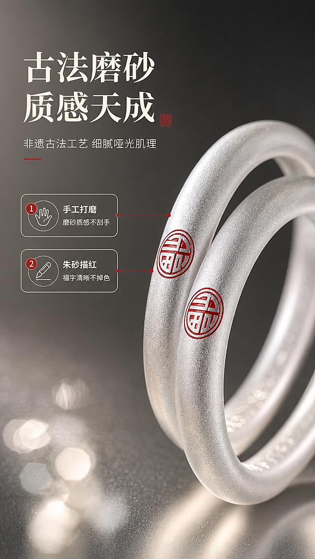 [商品] 使用【图1】古法描红福字足银手镯双只特写；保留闭口圆条镯型、哑光磨砂银质、正面红色圆形福字、银白金属色泽；商品处理：微距增强磨砂颗粒肌理，提亮福字描红的朱砂质感，保持镯型比例与福字细节不变。
[画面] 第3张·工艺细节，目标展示古法磨砂质感与描红福字工艺。竖版构图，两只手镯交叠位于画面中央，占画面约65%；微距特写镯身磨砂肌理与福字描红细节；左侧留白放标题与说明文字；背景为深灰渐变+柔和反光台面，突出银镯质感；前中后三层景深，前景虚化光斑，中景手镯主体，后景深色渐变。
[视觉] 套系策略：风格=新中式国风高级商业摄影；标题字=宋体衬线粗体；正文字=简洁无衬线体；主色=米白+银灰；背景延展=基于米白做深浅层级、宣纸纹理、同色渐变；强调色=朱砂红，仅用于小面积图标、引线和福字呼应；标题色=深炭灰；正文色=中暖灰；组件=细线圆角信息卡、细引线、中式印章元素；光影=左前侧暖柔光，柔和侧逆光勾勒银镯轮廓。
[文字] 左侧上方主标题「古法磨砂 质感天成」，副标题「非遗古法工艺 细腻哑光肌理」，下方两点说明：①手工打磨 磨砂质感不刮手 ②朱砂描红 福字清晰不掉色；文字全部横向排版，不遮挡手镯福字主体。
[规格] 图片比例9:16竖版，4K分辨率，负向提示：避免变形、错字、文字过小、手镯颜色改变、镯型失真、福字模糊、冷蓝背景、杂乱元素。