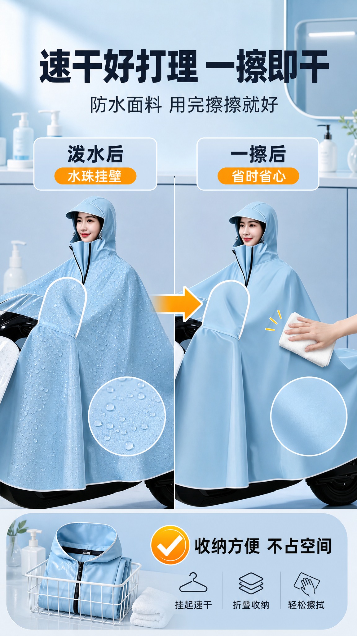 [商品] 使用【图1】浅蓝色电动车带袖雨衣；保留全部结构和浅蓝… - 图片创意预览