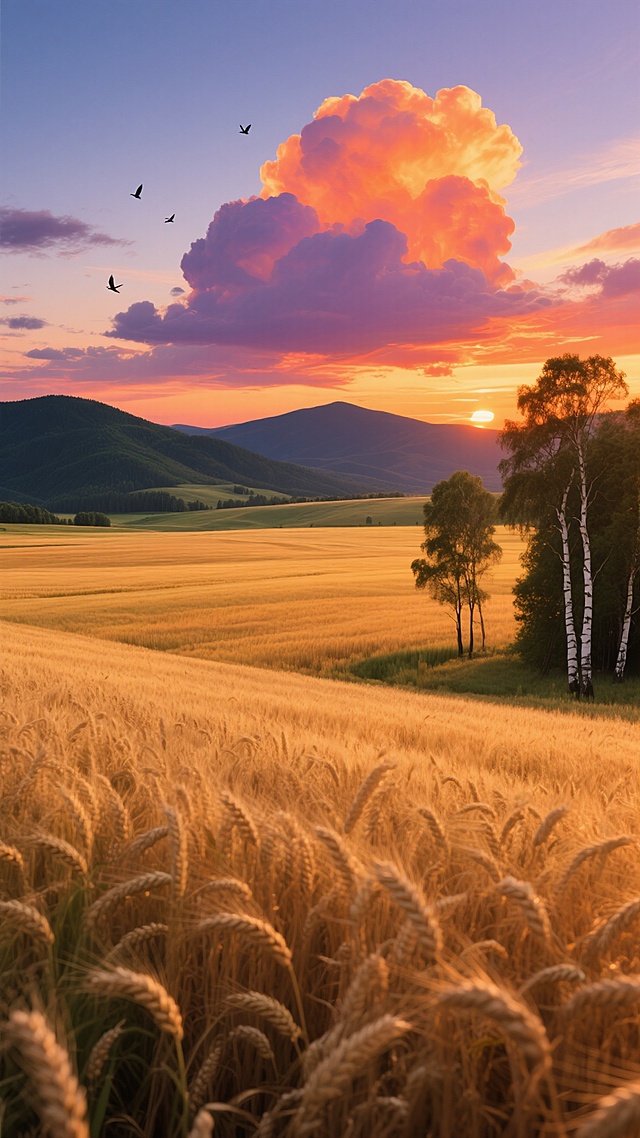 一片广阔无垠的金色麦田，麦穗饱满低垂，在夕阳的余晖下泛着温暖的橙黄色光芒，远处是连绵起伏的墨绿色山峦，天空中漂浮着几朵巨大的火烧云，云彩呈现出橘红与紫色的渐变，几只飞鸟掠过天际，近处的麦田边缘点缀着几棵高大的白桦树，树影被拉得很长，整个画面营造出宁静而壮丽的田园黄昏氛围，色彩浓郁饱满，光影层次丰富，具有超写实的细腻质感和开阔的空间感。