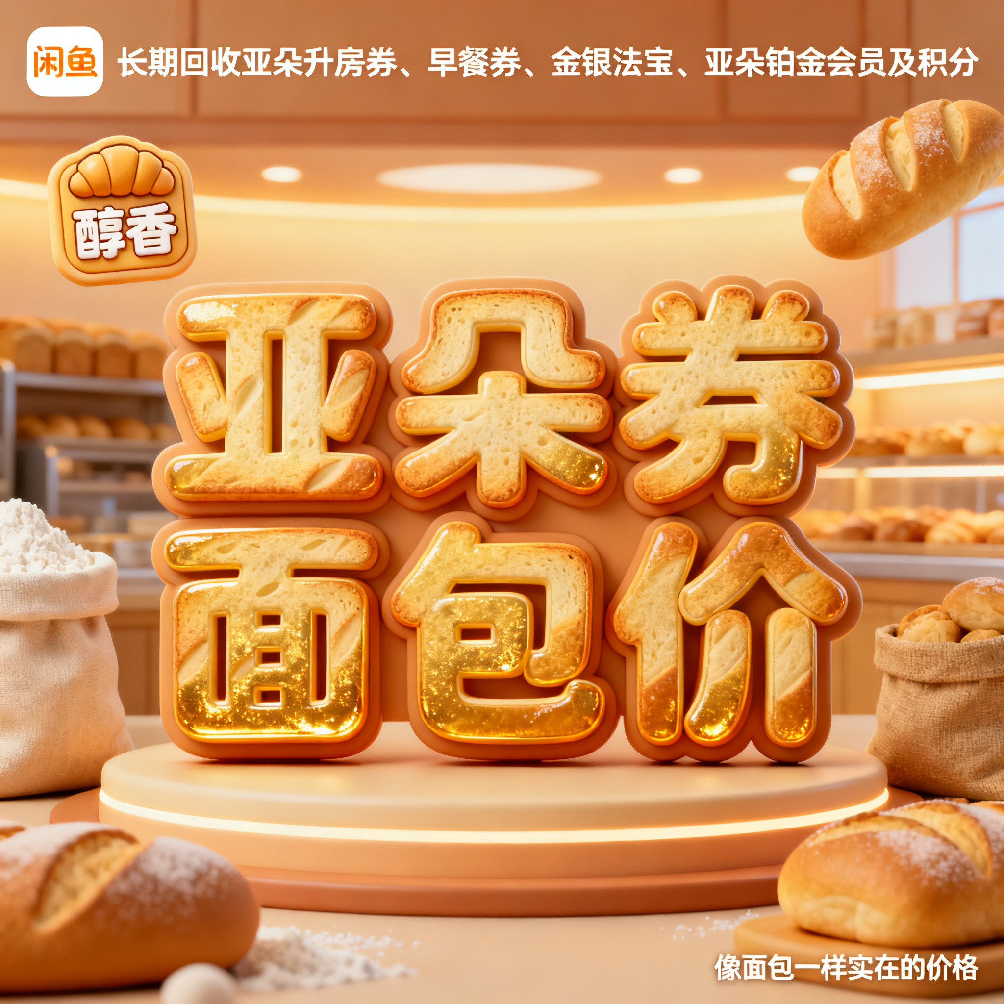 软3D风格，闲鱼大字封面，主题为长期回收亚朵升房券早餐券金银法… - 图片创意预览