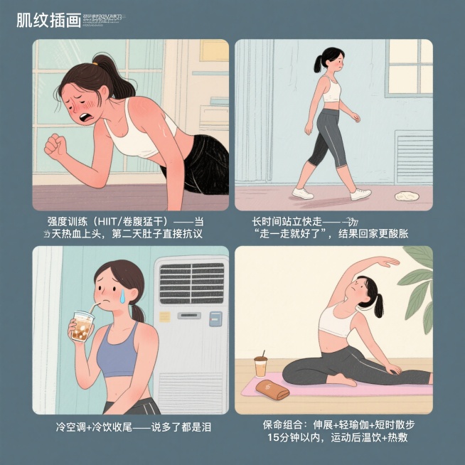 四宫格写实插画，第一张：女生在做HIIT高强度训练，表情痛苦，旁边标注“强度训练（HIIT/卷腹猛干）——当天热血上头，第二天肚子直接抗议”；第二张：女生长时间站立快走，面露疲惫，标注“长时间站立快走预览效果