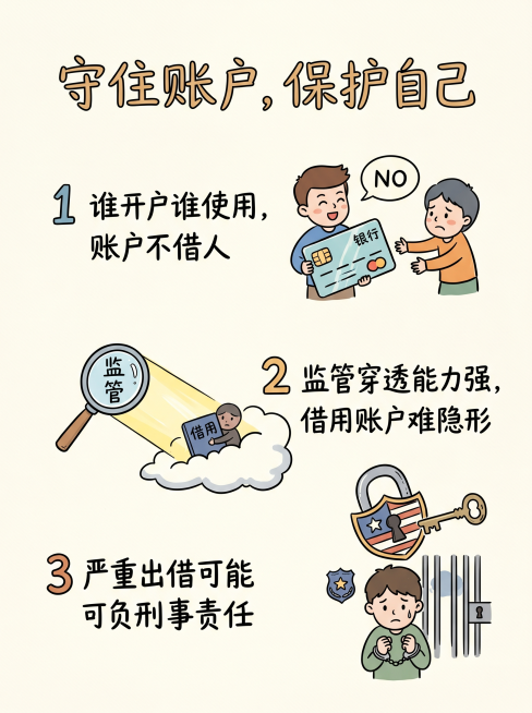 竖版卡通手绘信息图，比例3:4，核心主题：给投资者的三条建议，大标题文字："守住账户，保护自己"，三条要点：1. 谁开户谁使用，账户不借人；2. 监管穿透能力强，借用账户难隐形；3. 严重出借可能负刑预览效果