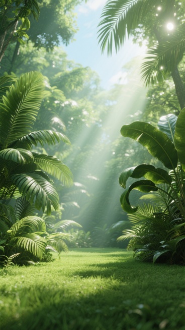 超写实3D渲染风格的植物背景，画面以明亮通透的绿色调为主，阳光从茂密的丛林枝叶间穿透形成柔和的光束与光斑效果，前景是质感细腻的鲜绿草坪，两侧分布着形态各异的热带植物叶片，左侧叶片呈层叠舒展状，右侧叶片宽厚卷曲，整体构图采用低角度仰拍视角，营造出深邃的自然空间感与宁静清新的氛围，光影过渡自然柔和，细节丰富，植物纹理清晰可见，整体呈现出高度逼真的自然生态景观。预览效果