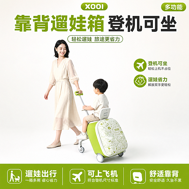 [单张主图] 儿童可坐遛娃行李箱靠背款，爆款促销感淘宝主图，突出亲子出行遛娃登机两用核心卖点。
[画面主体] 产品和人物保持外观、颜色、结构、图案与输入图片完全一致，妈妈推行宝宝坐行李箱的整体画面清晰完整，产品加人物主体占画面约60%，居中放置。
[构图版式] 使用顶部大标题型版式：顶部占28%放品牌位和主标题，中部放产品人物主体占55%，底部占18%放通栏信息条。
[场景元素] 背景为干净浅白色渐变，整体简洁通透不抢主体，底部信息条放置服务权益卖点。保持原图真实亲子出行场景不变。
[文案版式] 顶部主标题：“靠背遛娃箱 登机可坐”，最粗最大字体；中部产品人物主体展示；底部通栏分三列信息：左列“遛娃出行”、中列“可上飞机”、右列“舒适靠背”，文字清晰对比强烈。右上角小标签“多功能”。
[光影质感] 主光为明亮柔和自然窗光，均匀打亮产品和人物，辅光为环境补光，消除生硬阴影，产品轮廓清晰有层次，商业摄影质感，高清通透，真实自然。
[配色字体] 主色调提取产品清新浅绿，辅助色为白色和深灰，强调色为亮绿；字体使用圆润粗黑无衬线字体，主标题最大，卖点文字更小，深浅对比清晰，易于识别。
[比例分辨率] 1:1 正方形，尺寸1100*1100，2K分辨率，文字清晰可辨。
[负向提示词] 变形，文字错乱，产品模糊，背景杂乱，水印，电商平台Logo，遮挡主体，色差，结构错误