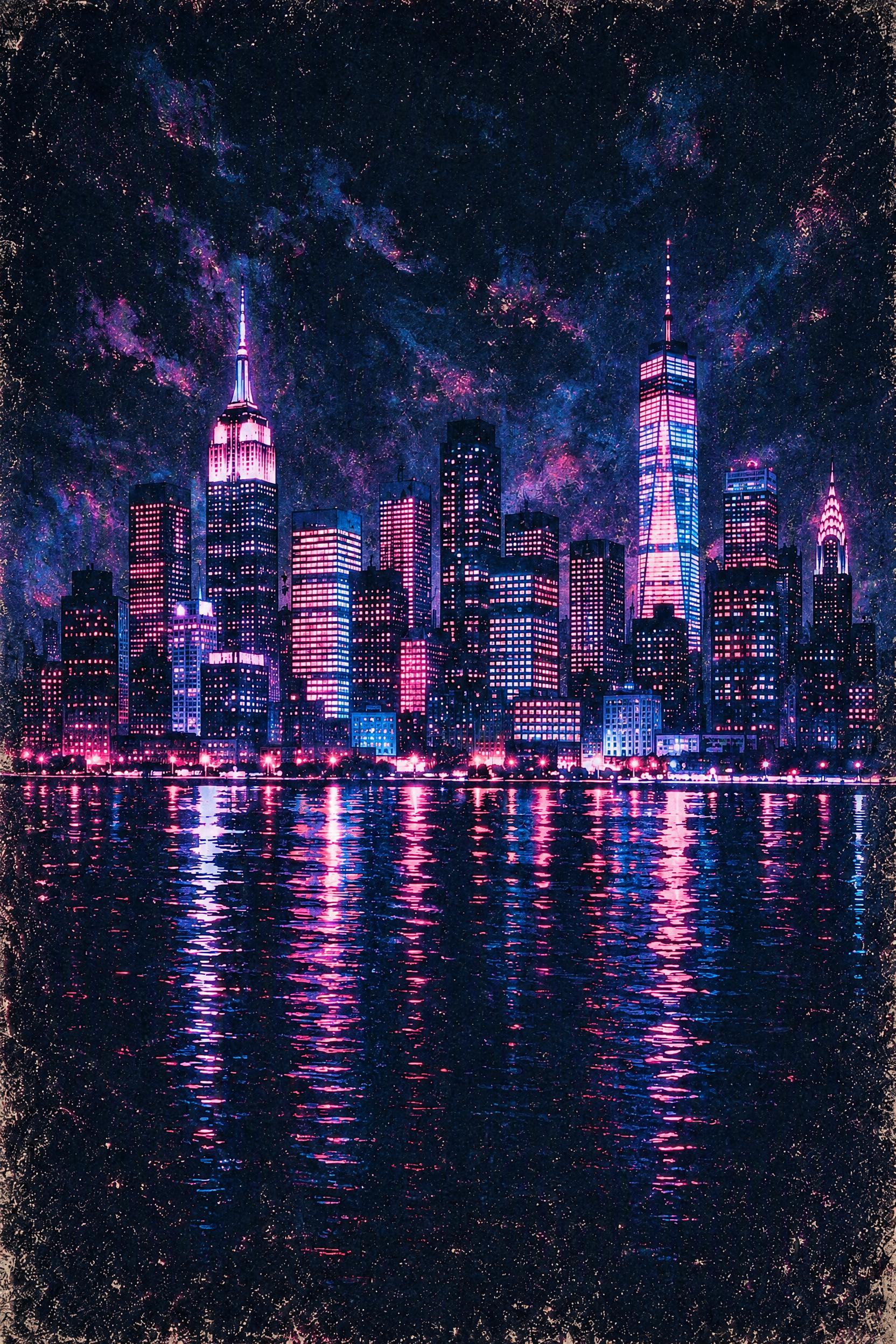 模仿参考图一的粉蓝霓虹打光风格，为图二的纽约夜景添加粉色和蓝色… - 图片创意预览