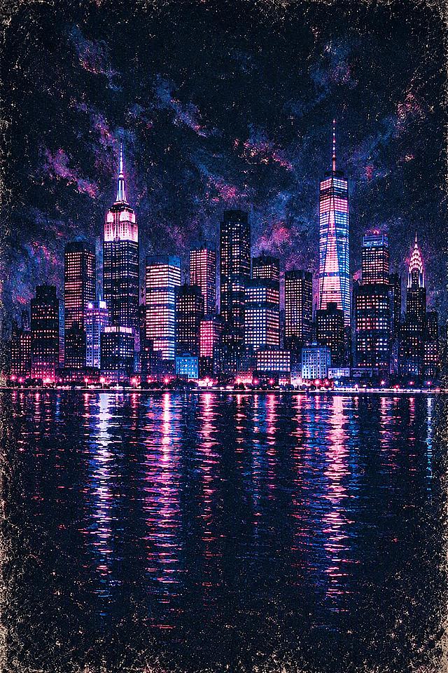 模仿参考图一的粉蓝霓虹打光风格，为图二的纽约夜景添加粉色和蓝色的霓虹灯光效果，建筑窗户和水面反射融入粉蓝色调，保持做旧颗粒质感，不要任何文字，保留原图的建筑轮廓和水面构图
