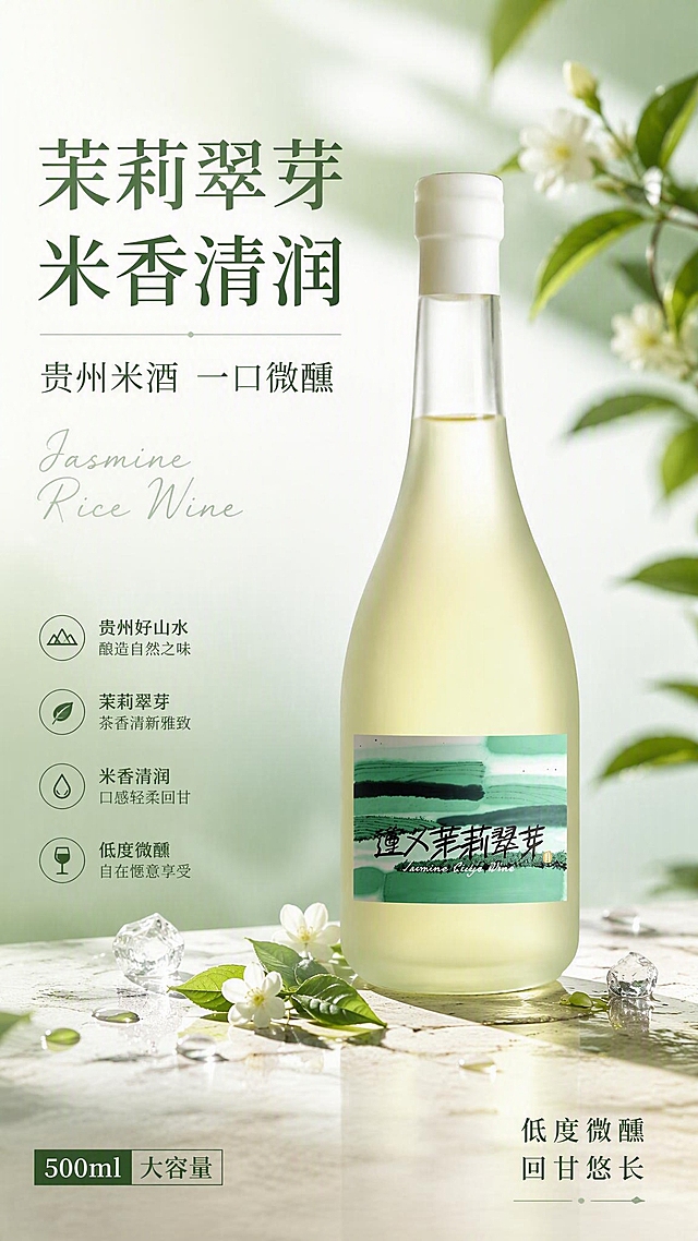 [第1张] 详情页头图-飞龙雨贵州米酒（茉莉翠芽味）500ml新品宣传海报。本张使用【图1】作为商品主体。
[氛围/风格] 清新国风茶酒氛围，浅绿米白渐变背景，商业摄影质感，高级通透。
[元素布局] 米酒瓶置于画面中央偏右，占比约60%-65%；左侧留标题区，底部浅米色台面；台面点缀茉莉花、翠芽茶叶、冰块与水珠；瓶身结构、标签图案、颜色、材质与输入产品图一致，瓶内酒液呈淡黄绿色。
[光影质感] 左上方柔和自然光，右下自然投影，瓶身玻璃高光清晰，整体明亮通透有呼吸感。
[配色色系] 全局底色 #F5F9F2；主色浅薄荷绿 #A8D5BA；辅助色米白 #FFF9F0、深绿标题字 #2E5D3A。
[视角构图] 正面微仰视，产品为视觉中心，阅读动线左上标题 → 中部产品 → 底部信息条。
[文字版式] 左上标题区 + 中部产品 + 底部信息条。主标题「茉莉翠芽 米香清润」，副标题「贵州米酒 一口微醺」，温润宋体字左对齐；标题下手写体英文装饰「Jasmine Rice Wine」；底部左侧卖点标签「500ml 大容量」，右下角「低度微醺 回甘悠长」；文字不遮挡瓶身主体。
[比例分辨率] 9:16 竖版比例，2K分辨率，文字清晰可辨，高清画质。
[负向提示词] 瓶身变形，缺件错件，颜色偏差，水印，文字错乱，产品图模糊，背景杂乱，包装文字错乱。