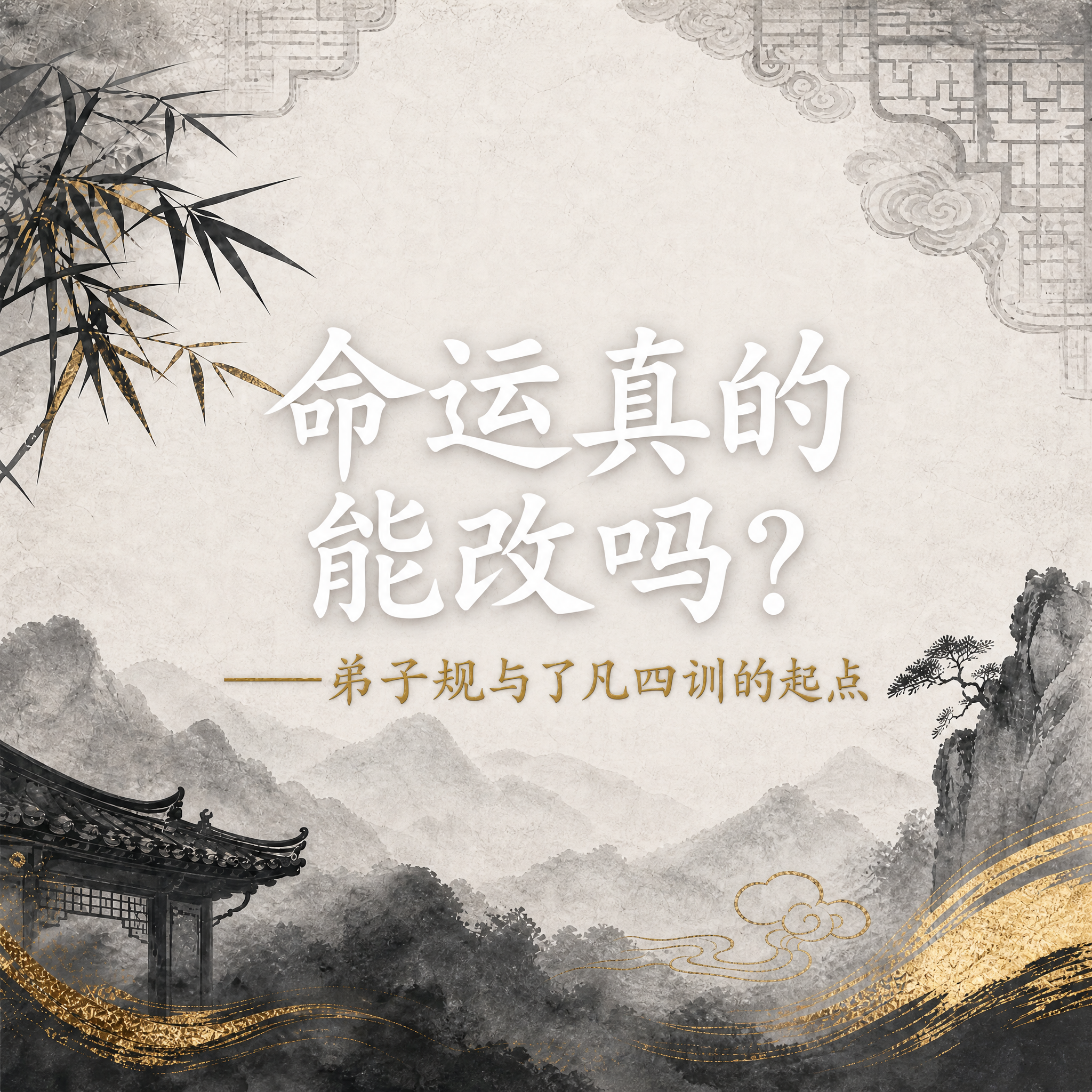保持原图片所有内容不变：宣纸水墨质感背景，黑色水墨山水，金色祥… - 图片创意预览
