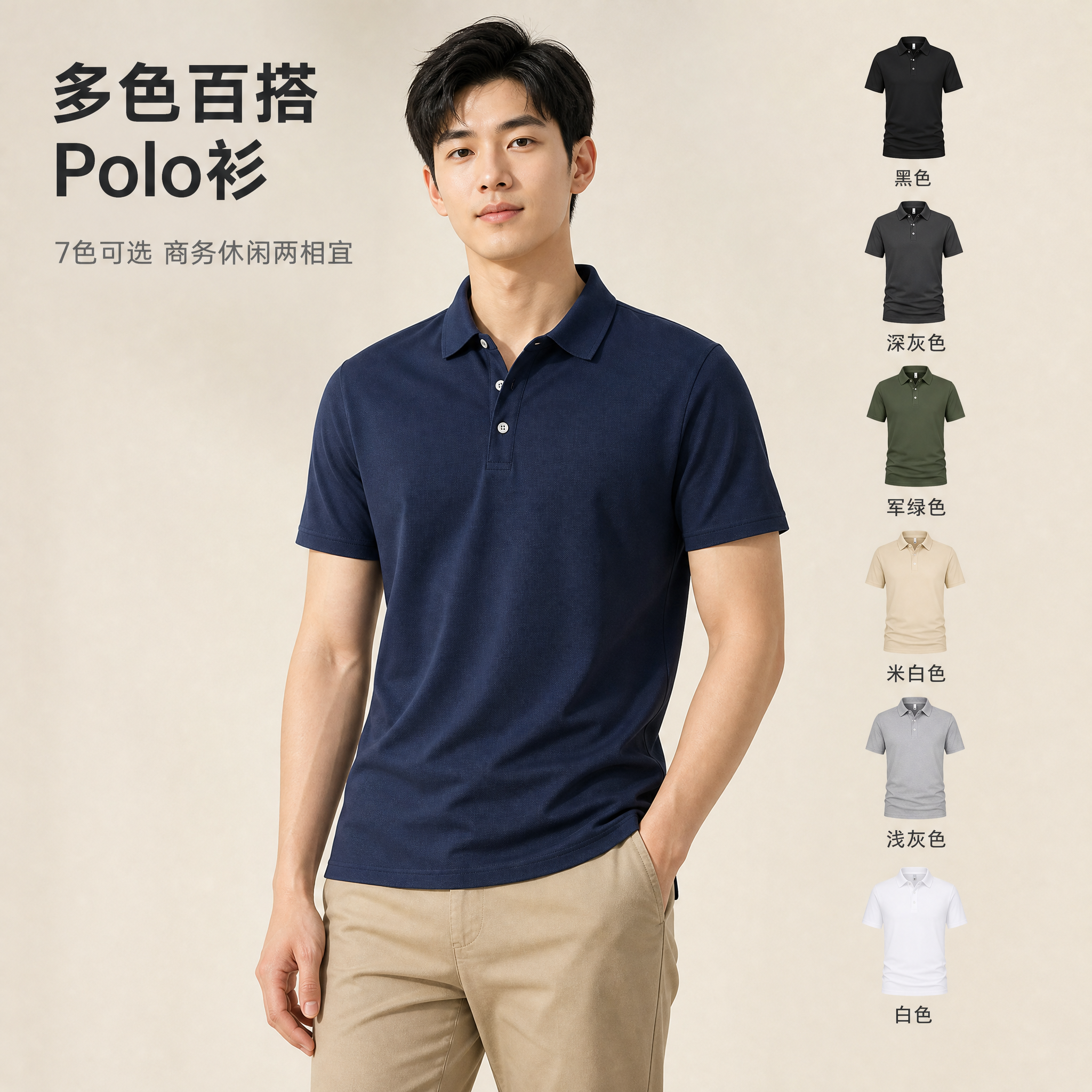 [主图-1] 男士Polo衫正面模特穿搭展示，突出版型与多色可… - 图片创意预览