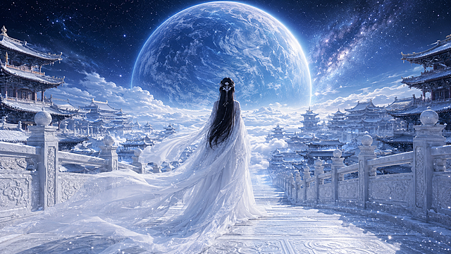 对称纵深场景，开场以白衣女子的背影为前景，女子沿白玉天阶向前行走，白色纱质长裙随气流大幅飘动，裙摆拖曳在地面，长发垂落，发饰细节清晰；前景为白玉天阶地面，带有浅浮雕花纹，栏杆为白色石质，带有中式纹样，柱顶有球形装饰；中景是两侧的中式宫殿群，整体呈冰雪质感，黑瓦飞檐被霜雪覆盖，建筑细节精致，层层叠叠向远处延伸，被云雾环绕；天阶地面扬起细碎的光尘粒子，随镜头推进飘散；背景是宇宙空间，巨型蓝色星球悬浮在星空中央，表面有清晰的云层纹理，边缘有大气辉光，右侧是璀璨的银河，下方是翻涌的云海，云海缓慢流动，巨型蓝色星球的云层纹理有微弱变化，边缘的大气辉光柔和闪烁，星空带有银河纹理的动态效果，整体开阔震撼；侧逆光从星球方向照射，在地面与衣料上形成柔和的轮廓光，整体色调偏冷，白衣与冰雪宫殿融为一体，营造空灵的氛围感；UE5电影级渲染，8K超清，HDR，电影级景深，动态模糊，国风仙侠史诗氛围，无畸形结构，无西方元素，画面干净通透
