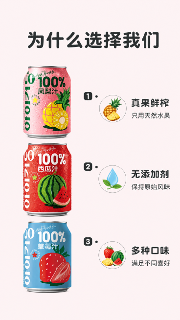 [第7屏] 核心卖点拆解屏-100%纯果汁三大核心优势拆解。
[氛围/风格] 清晰信息排版，干净简约风格，专业商业设计。
[元素布局] 画面左侧居中放置三款果汁罐组合小图，保持罐体结构、颜色、包装文字预览效果
