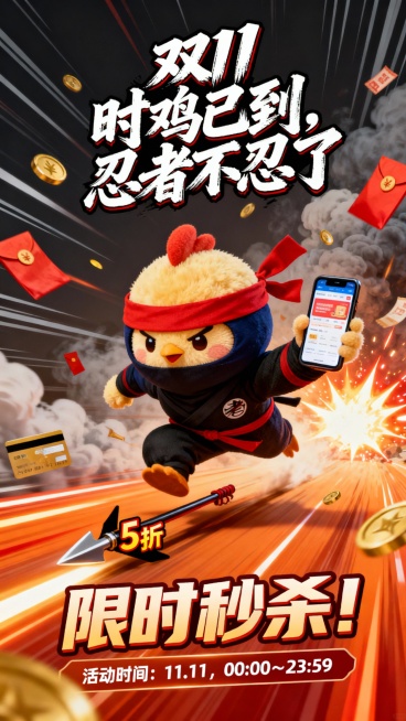 双11促销海报，主角是一只毛绒绒胖乎乎的小鸡，化身忍者造型。它身穿黑色或深蓝忍者服，系红色头带，手持手机或信用卡，手机屏幕上显示网购页面，表情专注而兴奋，正在高速冲刺或跃起。画面需充满动感和节奏感，背预览效果