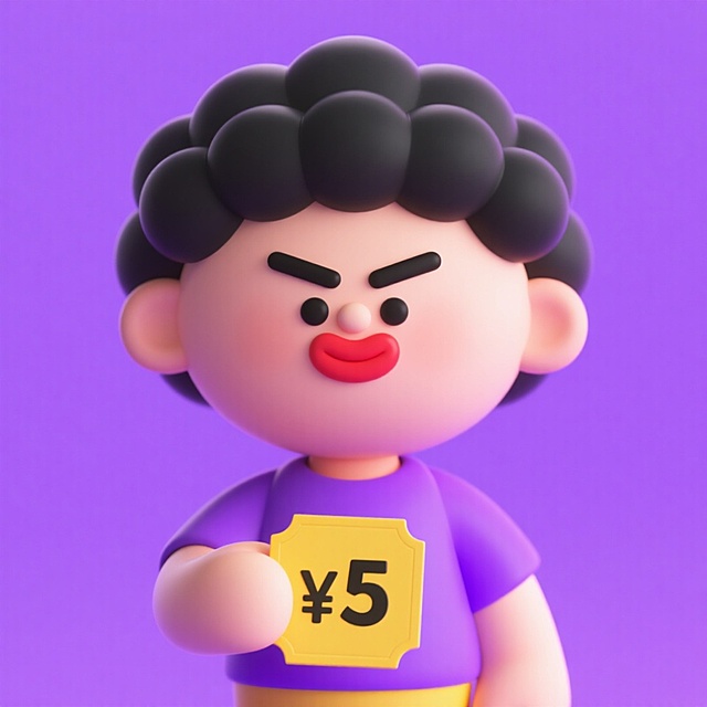 软3D风卡通人物，粘土质感造型，手持¥5标签，紫色背景强化视觉冲击，节日促销氛围浓厚。