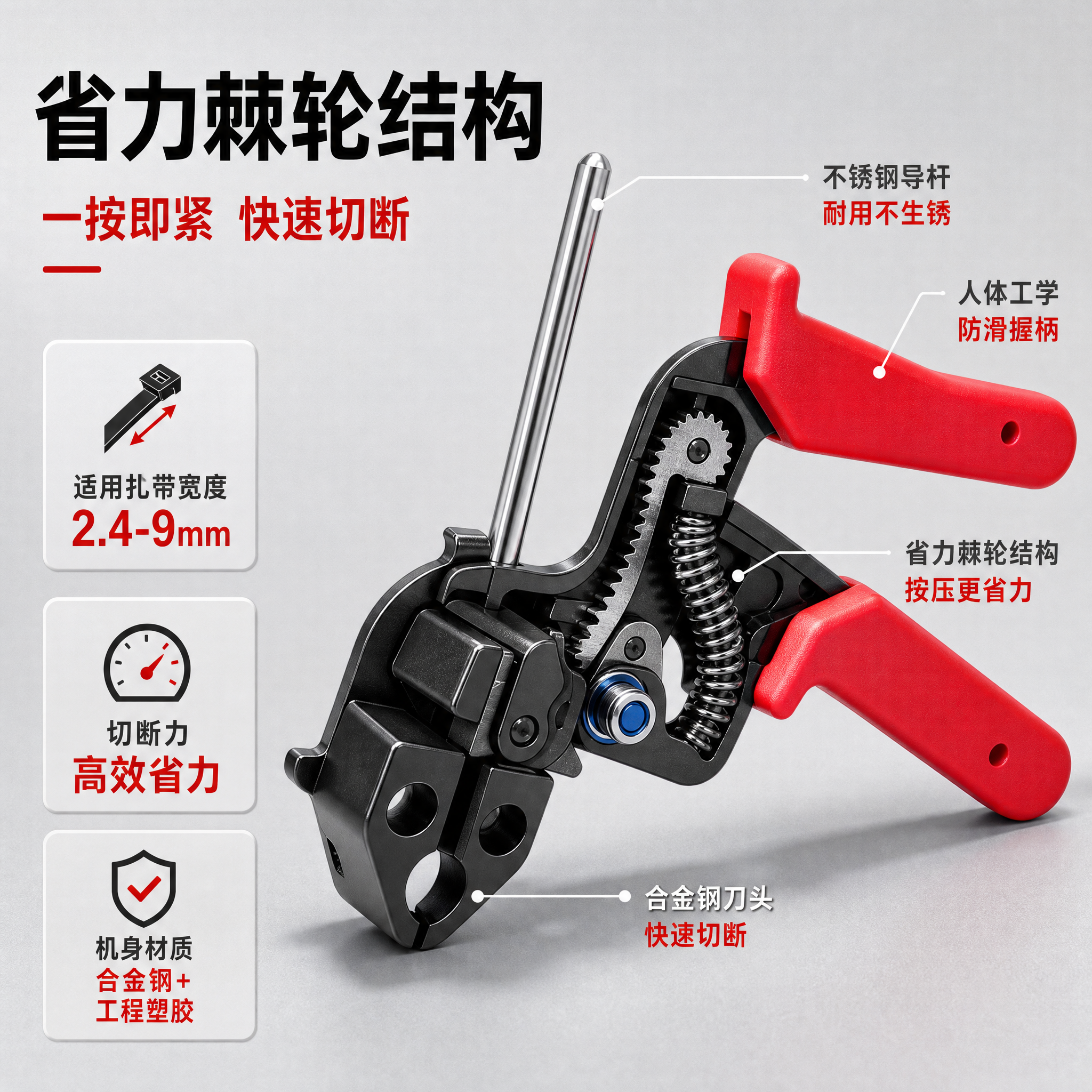 [主图-2] 扎带枪 核心卖点结构图，展示省力棘轮结构与工作原… - 图片创意预览