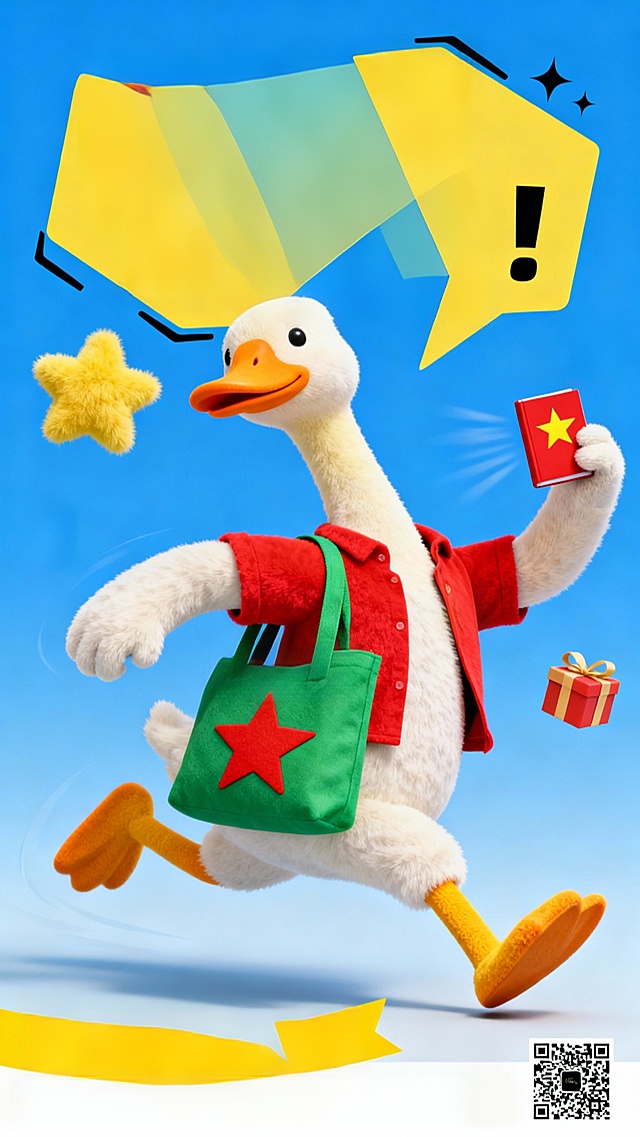 软3D风拟人鸭子，毛发生长质感，卡通感十足，红绿配色喜庆，手持红包与礼物，动感奔跑姿态，节日氛围浓厚。