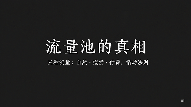 PPT封面页，横屏16:9，深灰色背景#1E1E1E。画面垂直居中位置有大标题"流量池的真相"，字号60，仿宋体，白色#FFFFFF，居中对齐。标题下方有副标题"三种流量：自然·搜索·付费，撬动法则"，字号28，仿宋体，白色#FFFFFF，居中对齐。底部留空8%不放任何文字。右下角有浅灰色小字页码"01"，字号14。整体简洁商务风格，无多余装饰元素。