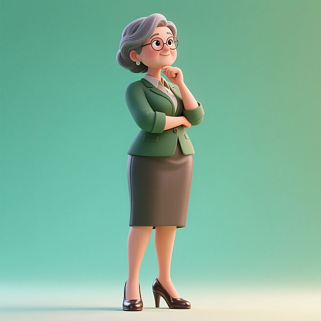 中年女教师（手支着下巴思考，穿皮质高跟鞋），全身，元素完整。淡绿色渐变背景