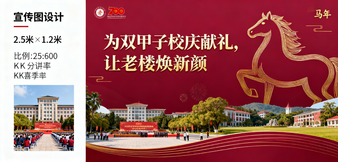 上海理工大学120周年焕新板块宣传图第2张，尺寸2.5米×1.2米，比例125:60。勃艮第红为主色调搭配金色马年线条，主视觉为校庆活动庆典场景与校园风景融合，搭配标语'为双甲子校庆献礼，让老楼焕新颜预览效果