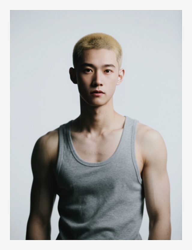 一个男生，金色寸头，灰色工字背心，低饱和度，加强阴影，肌肉线条明显，白色背景。