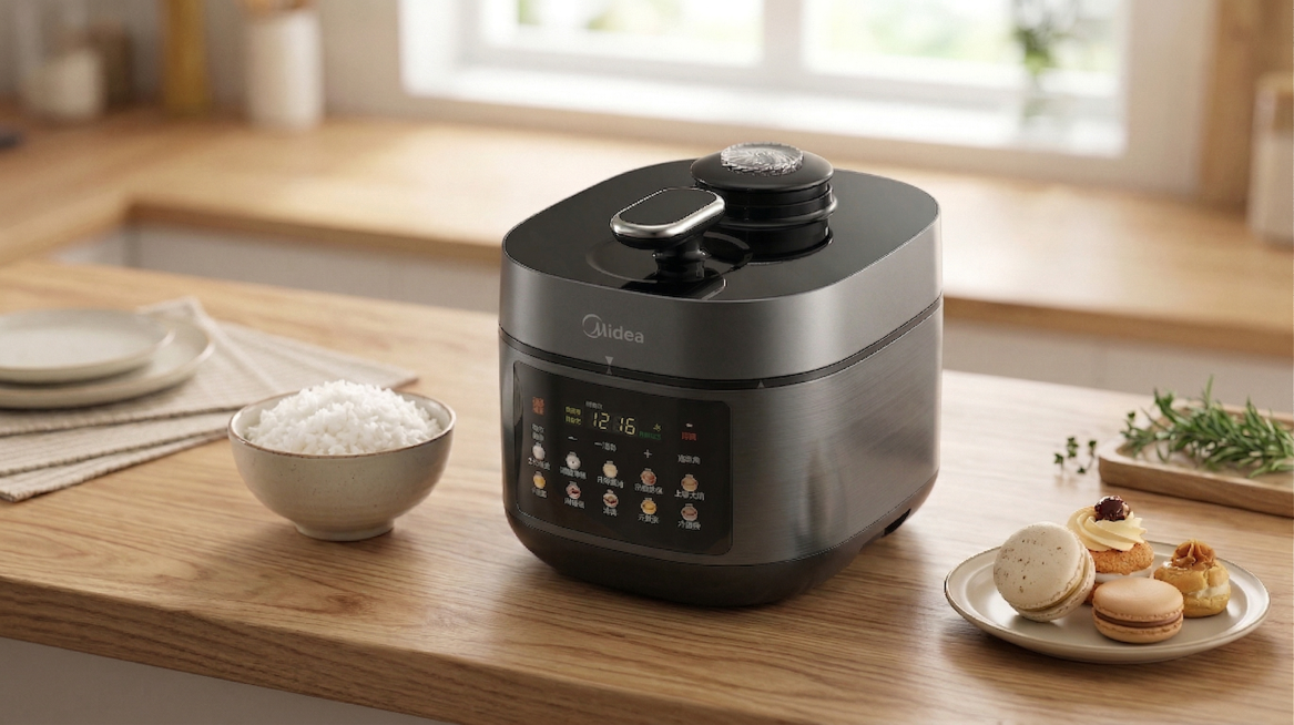 把图片里的压力锅颜色换成深灰色，黑色部分保持不变，场景保持不变预览效果