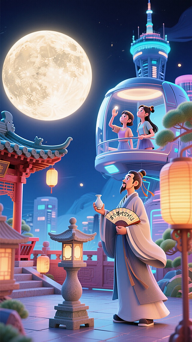 前景为一个古代诗人里手持酒樽和折扇，四周有古代元素，中景为2个现代少女在科技感摩天观景仓内赏月，背景是超级大月亮，形成“古今跨时空对话”氛围，奇幻浪漫，兼具古风与未来感。