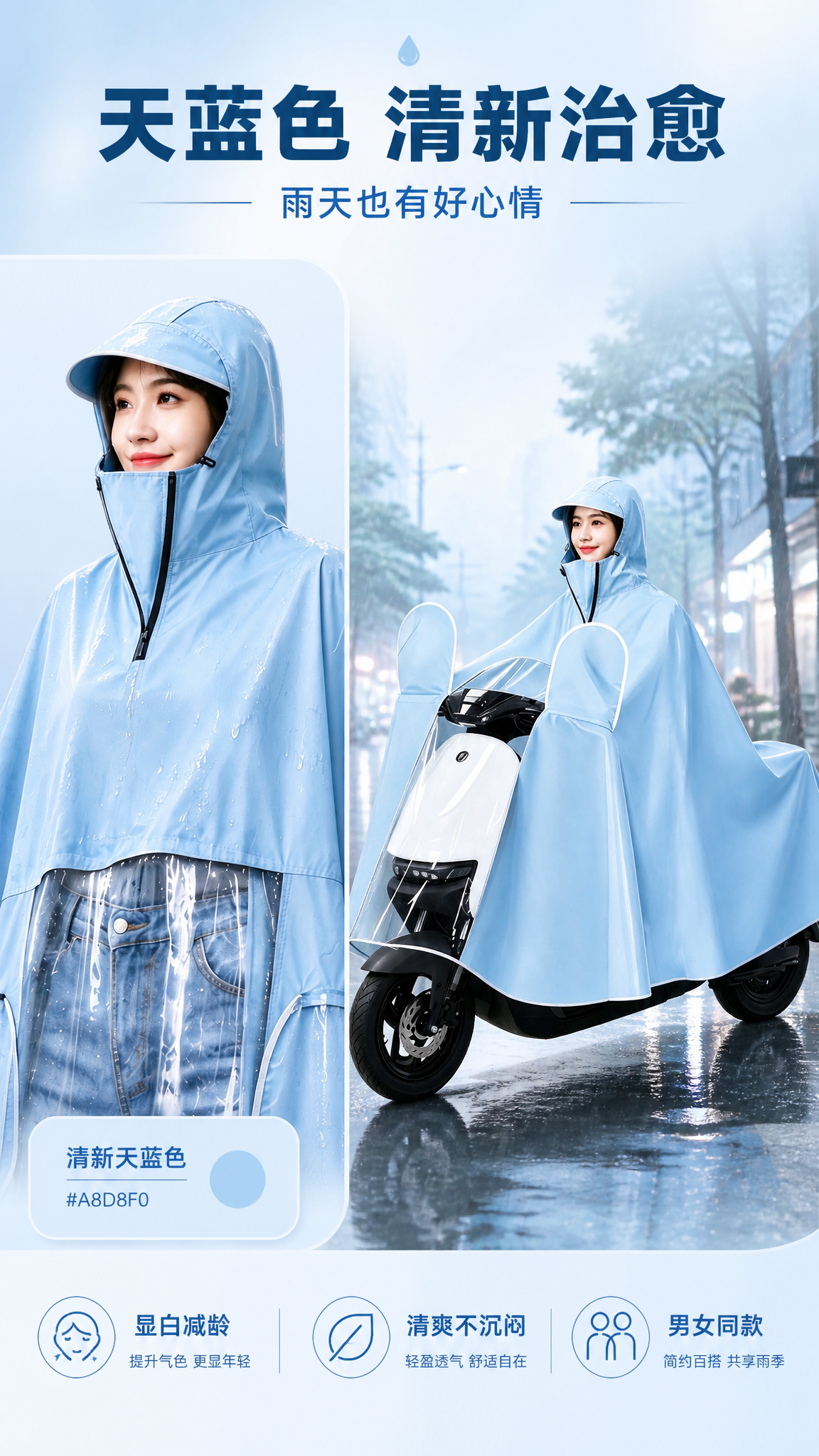 [商品] 使用【图5】天蓝色雨衣和【图7】天蓝色骑行款；保留天… - 图片创意预览