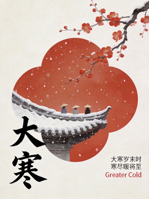 中国传统二十四节气“大寒”主题海报，复古米白色带有细腻纹理的宣纸背景，中心偏右位置有一朵盛开的红梅枝干，红色梅花点缀其间，枝干向右上方延伸。画面中央是一个花瓣形的红色背景区域，内嵌被白雪覆盖的中国传统古建筑屋檐一角，屋檐上有三个戴着斗笠的小人望向远方，雪花从空中缓缓飘落。左侧竖排黑色毛笔书法“大寒”二字，右下角配有“大寒岁末时 寒尽暖将至”的黑色小字和红色英文“Greater Cold”。整体……预览效果