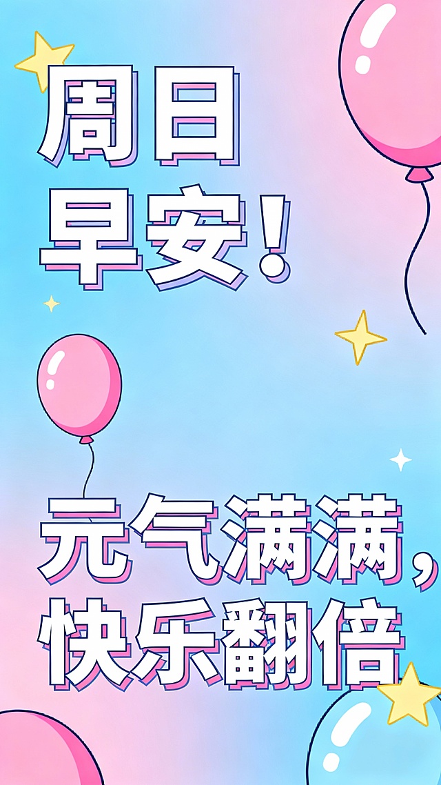 明亮多巴胺风，马卡龙蓝粉渐变背景，卡通气球 / 星星点缀，粗体活力字体：周日早安！元气满满，快乐翻倍，色彩明快，画面活泼，充满朝气，竖版配图