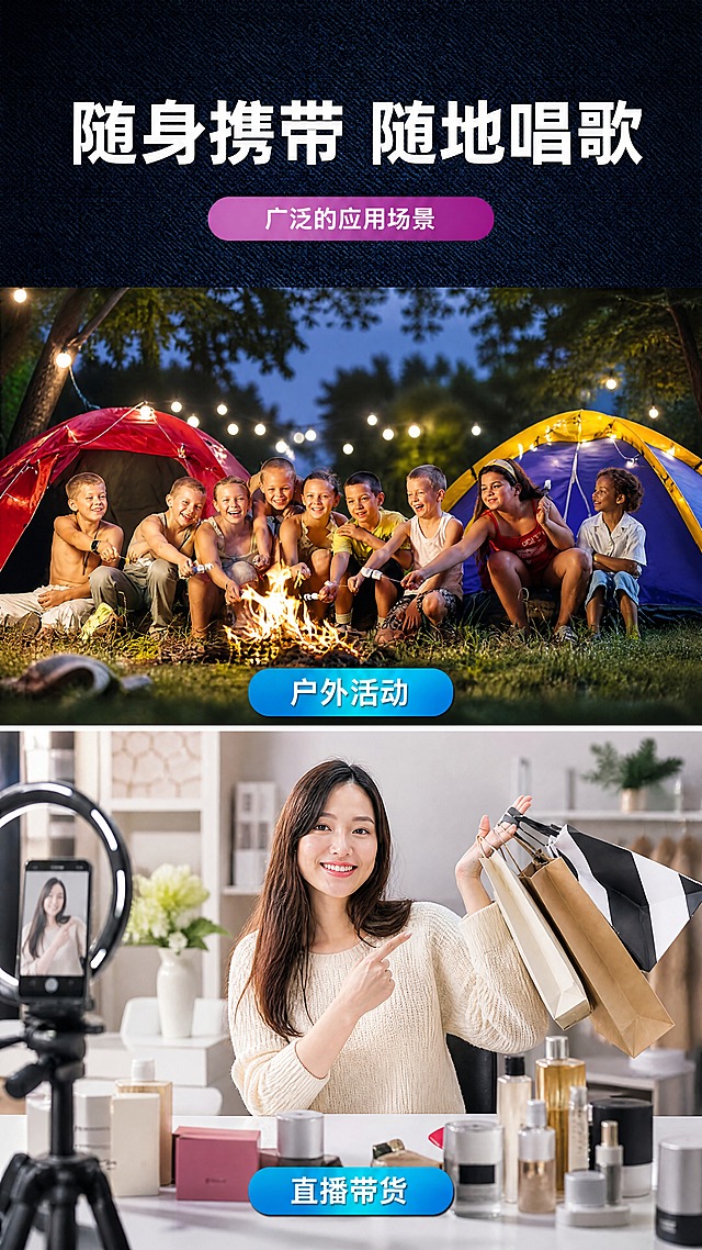[商品] 使用【图9】应用场景拼图（户外活动+直播带货）；保留户外露营篝火儿童群像、直播带货女性手持购物袋面对相机的场景内容和人物结构，优化画面质感。
[画面] 目标：§7场景化体验-户外/直播双场景，展示广泛应用场景。构图：顶部标题区，下方上下2格场景拼图，每格底部有蓝色渐变场景标签。上格：户外活动场景，一群人在户外草坪露营，围着篝火，背景有彩色帐篷，欢乐氛围。下格：直播带货场景，一位亚洲女性主播手持多个购物袋，面对相机微笑，旁边有补光灯和产品。背景：深蓝色纹理顶部标题区。
[视觉] 套系策略：风格=科技轻奢+真实场景摄影；标题字=现代无衬线粗体大字；正文字=简洁无衬线体；主色=深蓝藏青色；背景延展=深蓝色编织纹理顶部+场景图自然背景；强调色=紫粉色+蓝色，仅用于标签和装饰；标题色=白色；正文色=白色；组件=紫粉渐变胶囊标签、蓝色渐变圆角场景标签；光影=场景内自然光影，标题区均匀柔光。
[文字] 顶部主标题："随身携带 随地唱歌"（白色大字）；下方紫粉渐变胶囊标签："广泛的应用场景"（白字）。上格场景底部蓝色渐变标签："户外活动"（白字）；下格场景底部蓝色渐变标签："直播带货"（白字）。文字均横排。
[规格] 图片比例9:16竖版，4K分辨率，负向提示：避免变形、错字、文字过小、人物面部模糊、竖排文字、绝对化用语。