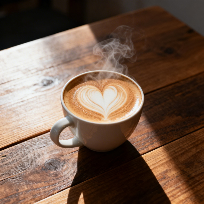 木桌上摆放着一杯拿铁咖啡，表面有精致拉花，柔和自然光洒在桌面和咖啡上，画面高清细腻，氛围温馨治愈预览效果