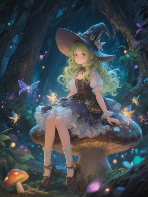 童话厚涂插画，浅绿卷发的森之魔女少女，戴着大帽子，身穿蓬松连衣裙，坐在夜晚发光森林的巨大蘑菇上，身边漂浮着魔法光点与小精灵，她好奇地望向观众，光线柔和温暖。预览效果