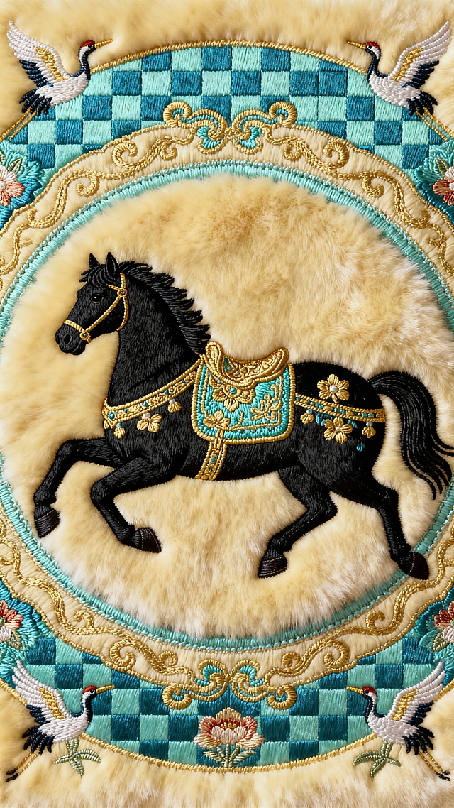 主体是黑色奔马（马身饰金蓝花纹、配华丽鞍具），背景为米黄色底，环绕多层装饰边框（含青蓝棋盘格、金蓝卷草纹、仙鹤、花卉元素），整体采用复古高端的织物印花质感，色调以黑、金、青蓝为主，风格典雅精致