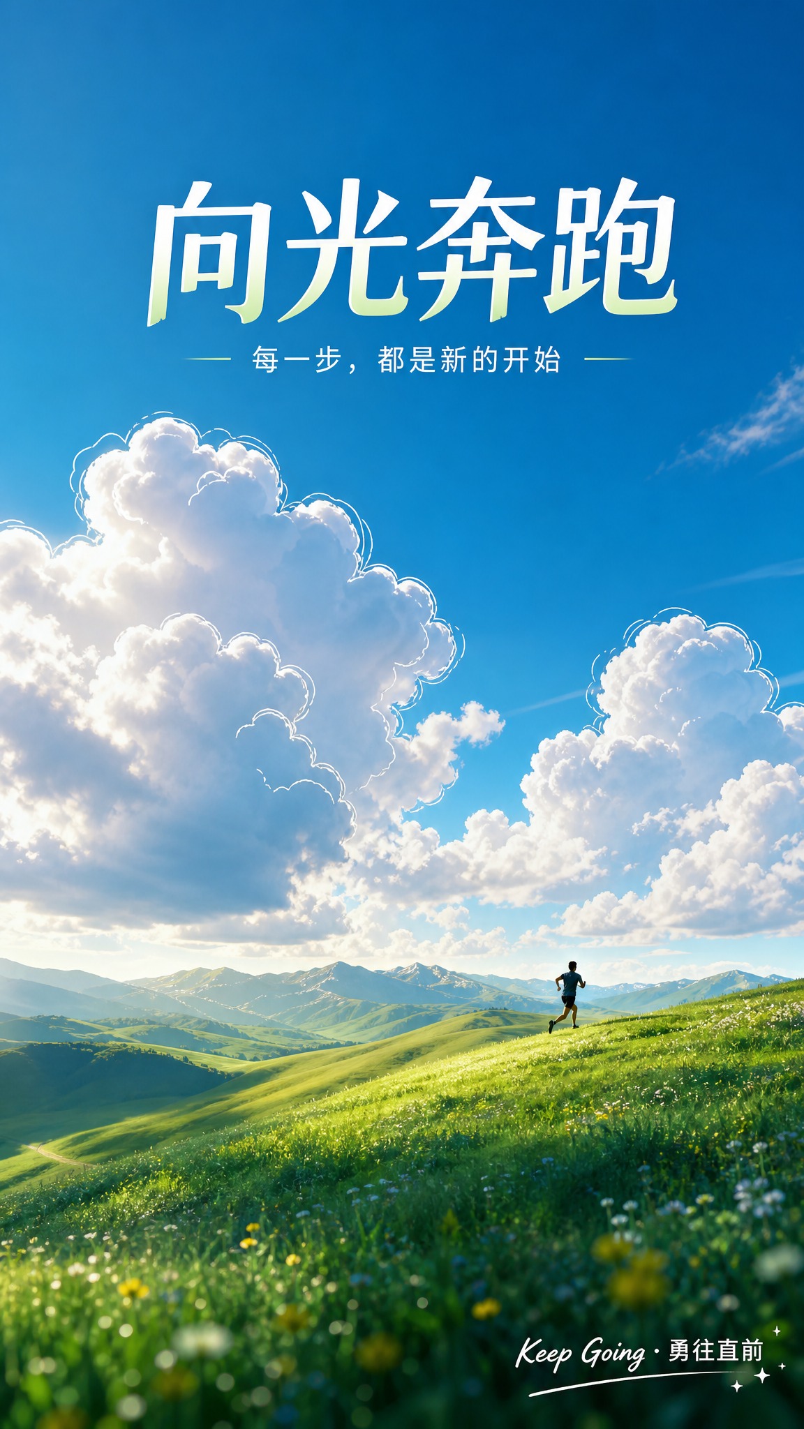 竖版励志海报，晴朗蓝天占据画面上半部分，天空中有几朵巨大蓬松的… - 图片创意预览