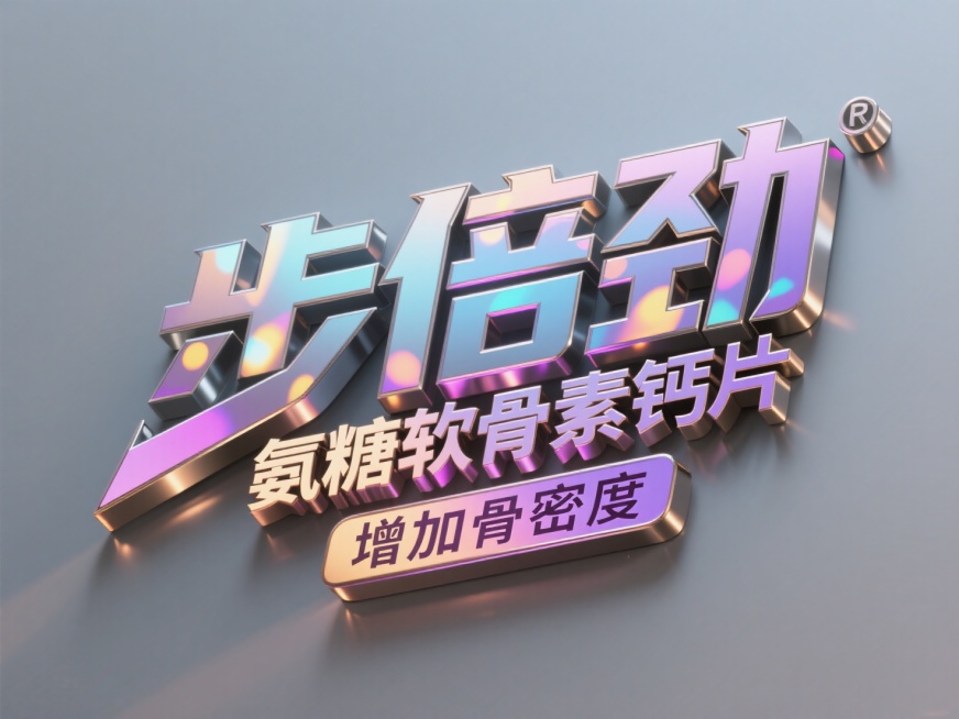 主标题”步倍劲 氨糖软骨素钙片"，不锈钢材质，边缘镜面倒角产生光刃效果。副标题”增加骨密度"紫金渐变铝材表面，激光雕刻文字凹陷处透出呼吸光效。背景灰色，主标题表面反射霓虹色散光斑预览效果