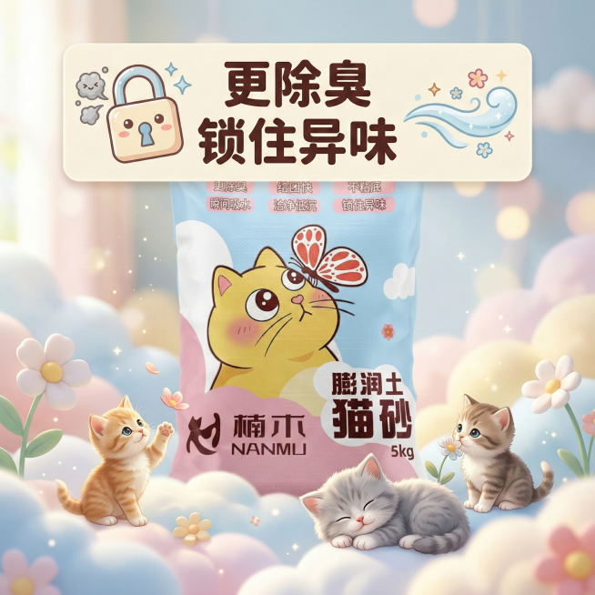基于现有猫砂袋图片，制作高级可爱风格的1:1主图，突出“更除臭 锁住异味”卖点，画面添加可爱小猫元素，整体色调柔和清新，文字清晰醒目，与背景对比度≥4.5:1预览效果