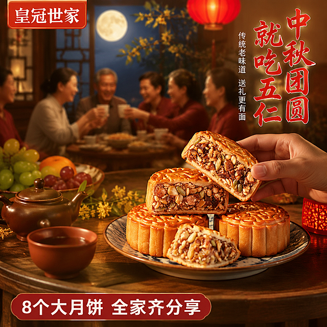 [主图-4] 五仁月饼中秋家宴场景 生活方式代入图。
[氛围风格] 温馨中秋家宴 团圆氛围 中式传统节日场景 温暖治愈；
[画质] 生活方式摄影质感 光线温暖柔和 场景真实自然 月饼融入环境和谐。
[元素] 中秋家庭餐桌场景 木质圆桌上摆放着皇冠世家五仁月饼 有完整的月饼 也有切开的几块 放在精致的中式瓷盘里 旁边搭配紫砂壶 小茶杯 桂花枝 红色小灯笼装饰 一盘水果 远处有家人举杯的模糊身影 营造中秋团圆聚餐的温馨氛围。窗外是夜晚的圆月和桂花树枝影。画面中可见一只手正拿起一块月饼 动作自然。**保持月饼产品外观（即物理结构 材质质感 颜色 馅料组成）与输入产品图一致 杜绝任何变形和色差 精细化处理**。商品主体占比约40% 场景丰富但月饼仍为视觉焦点。
[光影] 暖黄色室内灯光 加窗外月光冷调对比 整体暖色调 桌面有柔和灯光 月饼被暖光照亮 有温馨家的感觉 光影柔和 氛围感强。
[配色] 主色暖黄 木色 红色（节日元素）；辅色深棕 米白 金色点缀。
[视角构图] 45度平视视角 餐桌场景 月饼在画面中心偏右 前景有茶杯虚化 中景月饼清晰 背景家人和窗外虚化 景深层次丰富 生活感强。
[文字版式] 左上品牌Logo红底白字。右上负空间竖排或右对齐 主标题"中秋团圆 就吃五仁" 红色书法体大字 下方辅助文案"传统老味道 送礼更有面" 白色细体。底部半透明红底条 文字"8个大月饼 全家齐分享" 白色粗体。
[输出要求] 1:1比例 文字清晰锐利 超高清生活方式摄影质感。
[负向提示词] 变形 文字错乱 产品模糊 背景杂乱 水印 电商平台Logo 多余的手 畸形手 人物面部扭曲 关节反折。