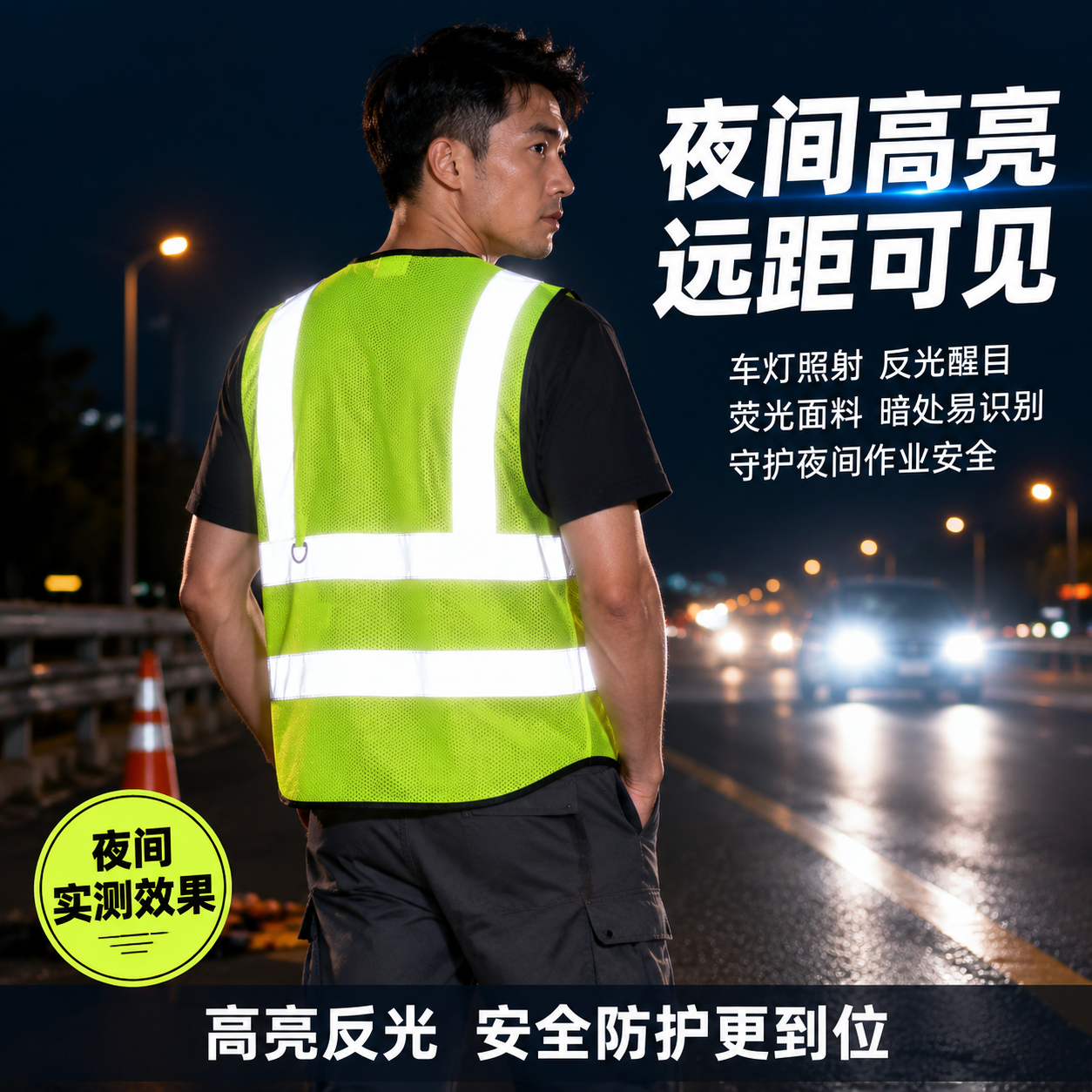 [主图-2] 荧光黄绿安全反光背心夜间反光效果展示图。 [氛围… - 图片创意预览