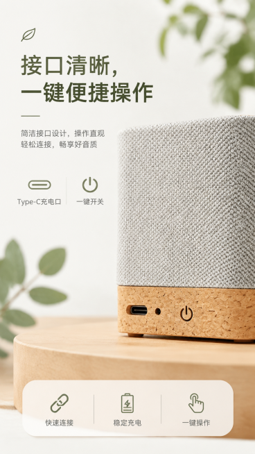 软木布艺方形蓝牙音箱卖点特写图，极简森系实用风，主色调白、浅灰、原木色，搭配低饱和绿植点缀，特写展示底部软木底座接口按键，搭配文字"接口清晰，一键便捷操作"，整体干净清爽，排版清晰，适配9:16竖版电预览效果