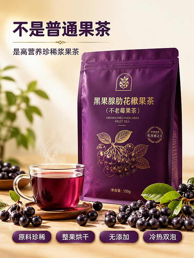 [第1屏] 详情页头图主视觉——黑果腺肋花楸果茶（不老莓果茶）高端产品海报。文生图模式，无产品图。
[氛围/风格] 自然养生高级感，深紫浆果色调，温润柔光，商业摄影质感，高端果茶品牌调性。
[元素布局] 画面中央偏右放置一罐/一袋黑果腺肋花楸果茶产品包装（深紫色主调包装，印有金色浆果图案），占比约55%；产品周围环绕散落的黑紫色饱满浆果（黑果腺肋花楸鲜果），前景有一杯透亮紫红色茶汤，杯口轻飘热气；背景为浅米色渐变，左侧有朦胧绿植叶片点缀，底部为浅木色台面。
[光影质感] 左上方柔和自然光照射，产品右侧形成自然投影，浆果表面有高光水珠，茶汤通透有光泽，整体明亮温润。
[配色色系] 全局底色 #F7F3EB（浅米杏色）；主色 #4A1A5C（深紫浆果色）；辅助色 #C9A962（暗金色）、#8B5A9C（浅紫色）。
[视角构图] 正面微俯视，产品为视觉中心，阅读动线左上标题 → 中部产品 → 底部卖点条。
[文字版式] 左上标题区，主标题「不是普通果茶」大号深紫色圆角黑体加粗，下方副标题「是高营养珍稀浆果茶」中号深紫色；主标题下方有一条细金线装饰；底部横向排列4个圆角胶囊卖点标签：「原料珍稀」「整果烘干」「无添加」「冷热双泡」，标签为深紫底白字，带金色细边；文字清晰可读，不遮挡产品主体。
[比例分辨率] 3:4竖版比例，4K分辨率，文字清晰可辨，高清画质。
[负向提示词] 变形，水印，文字错乱，文字过小，颜色偏差，包装文字错乱，背景杂乱，人物，人脸。