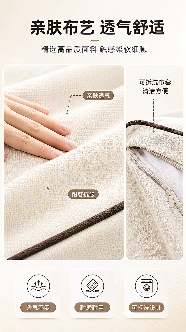 [商品] 使用【图1】米白色布艺沙发局部面料；商品处理：保留米白色布艺材质纹理、深棕色滚边细节、缝线工艺；放大面料特写，增强织物纹理的细腻质感与立体感，不改变颜色和材质特性。
[画面] 目标：面料工艺页，展示布艺沙发的亲肤面料与可拆洗设计。上中下构图：上部文案区，中部左侧面料微距特写+手部轻轻触摸面料，中部右侧可拆洗拉链细节特写，下部3个面料功能图标；面料特写占画面核心位置，展示织物经纬纹理与柔软质感；背景为浅米色渐变，干净明亮。
[视觉] 套系策略：风格=明亮奶油风家居商业摄影；标题字=现代无衬线粗体；正文字=简洁无衬线体；主色=米白奶油色；背景延展=基于米白奶油色做深浅层级、同色渐变和细腻墙面/织物质感；强调色=奶茶棕，仅用于小面积图标、引线和标签；标题色=深暖棕；正文色=中暖灰；组件=圆角浅底信息卡、细线引线、胶囊标签；光影=正上方柔光，均匀明亮，突出面料纹理。
[文字] 顶部主标题"亲肤布艺 透气舒适"，副标题"精选高品质面料 触感柔软细腻"；中部面料特写旁标注"亲肤透气""耐磨抗皱"引线标签；可拆洗特写旁标注"可拆洗布套 清洁方便"；底部3个功能胶囊标签"透气不闷""耐磨耐用""可拆洗设计"；全部横向排版，手机端清晰可读。
[规格] 图片比例9:16竖版，4K，避免变形、错字、文字过小、冷蓝/冷灰背景、面料颜色改变、暗色调。